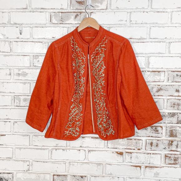 Vintage 90s Y2K Coldwater Creek Rust Linen Blend Ribbon Detail Jacket - Picture 1 of 8